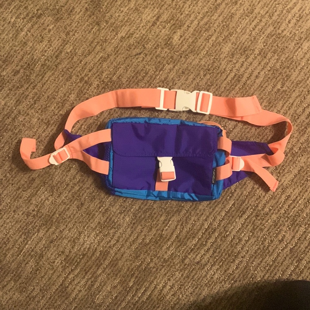 Coachella fanny pack two pockets multi color peach teal and blue